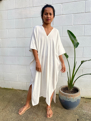 MALA handworks Skye Double Gauze Cotton Midi Kaftan in Natural White