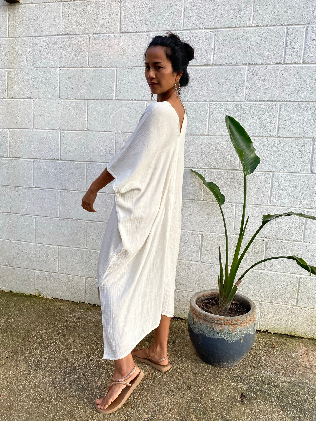 MALA handworks Skye Double Gauze Cotton Midi Kaftan in Natural White