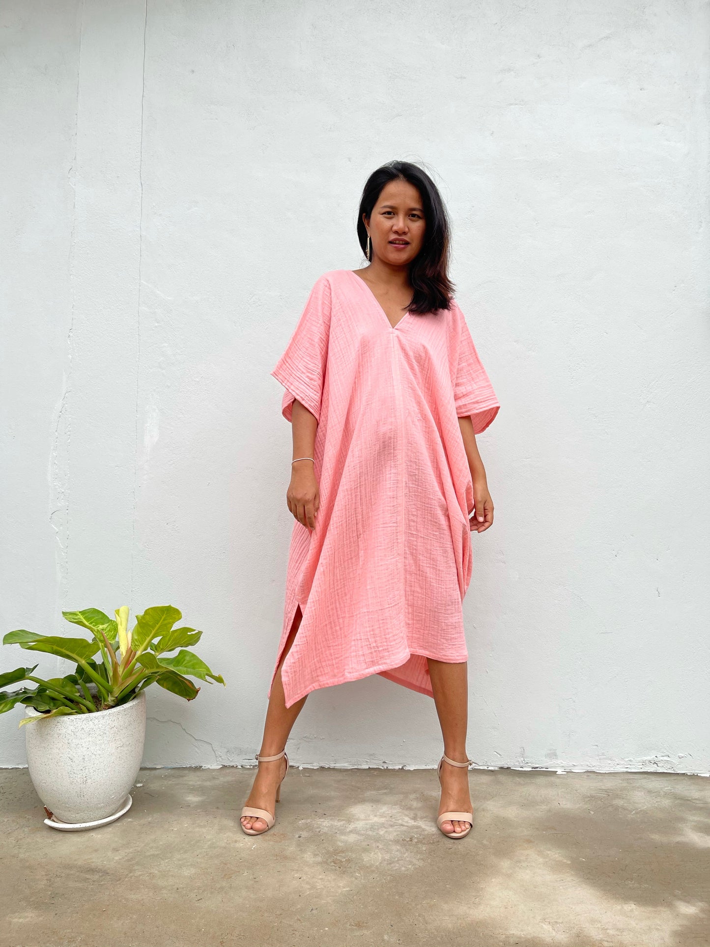 MALA handworks Skye Double Gauze Cotton Midi Kaftan in Pink