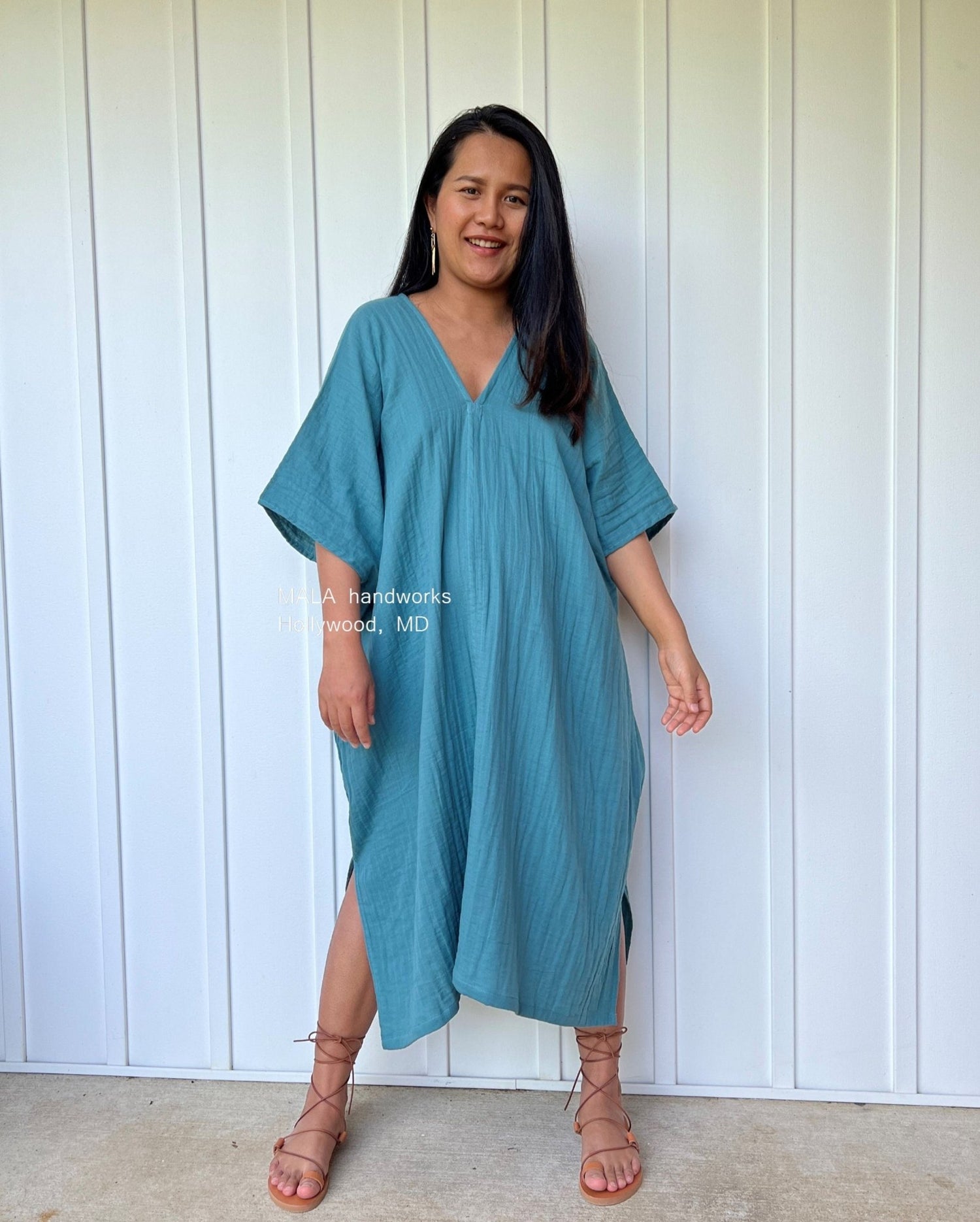 MALA handworks  Skye Double Gauze Cotton Midi Kaftan in Teal
