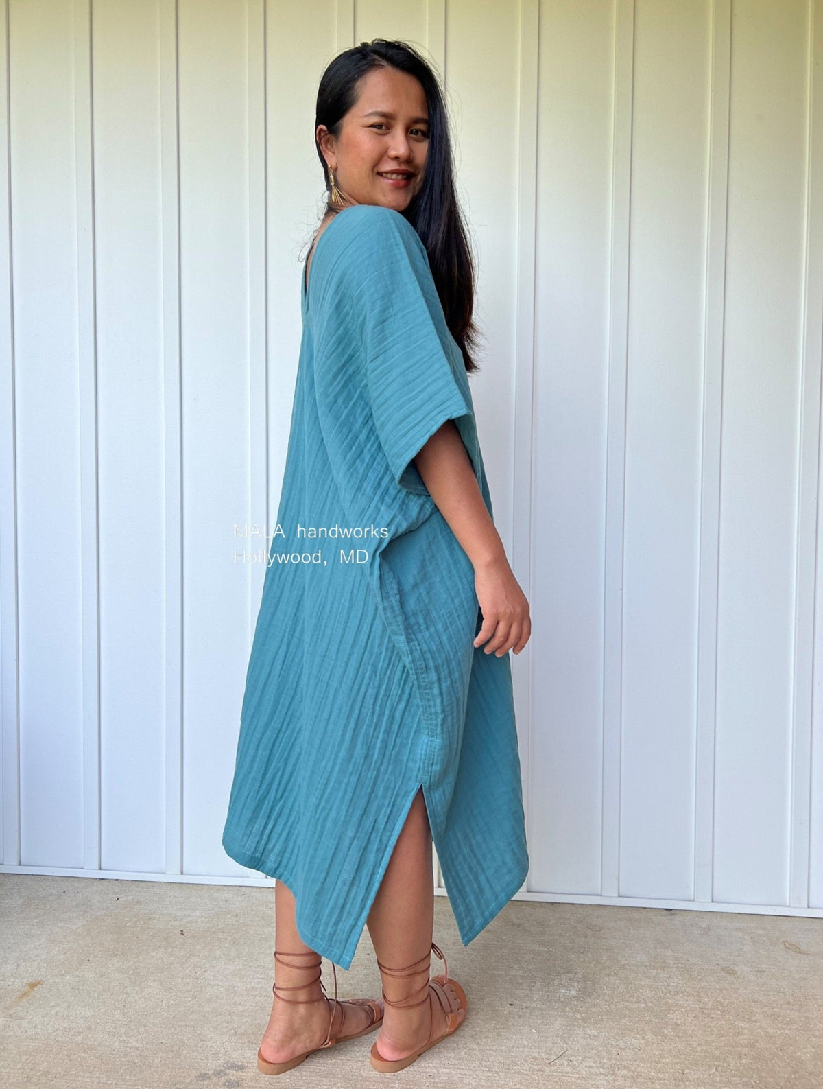 MALA handworks  Skye Double Gauze Cotton Midi Kaftan in Teal