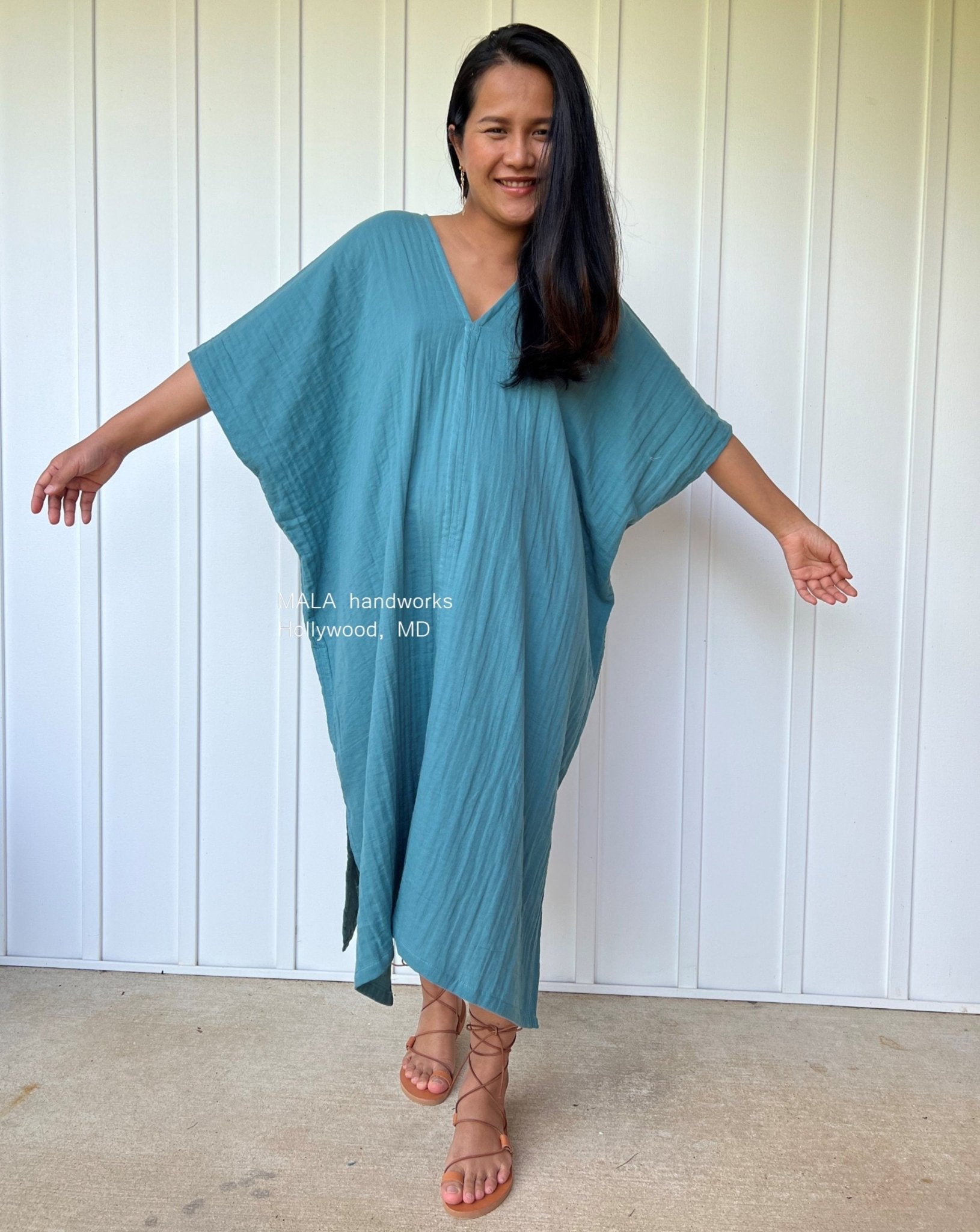 MALA handworks  Skye Double Gauze Cotton Midi Kaftan in Teal