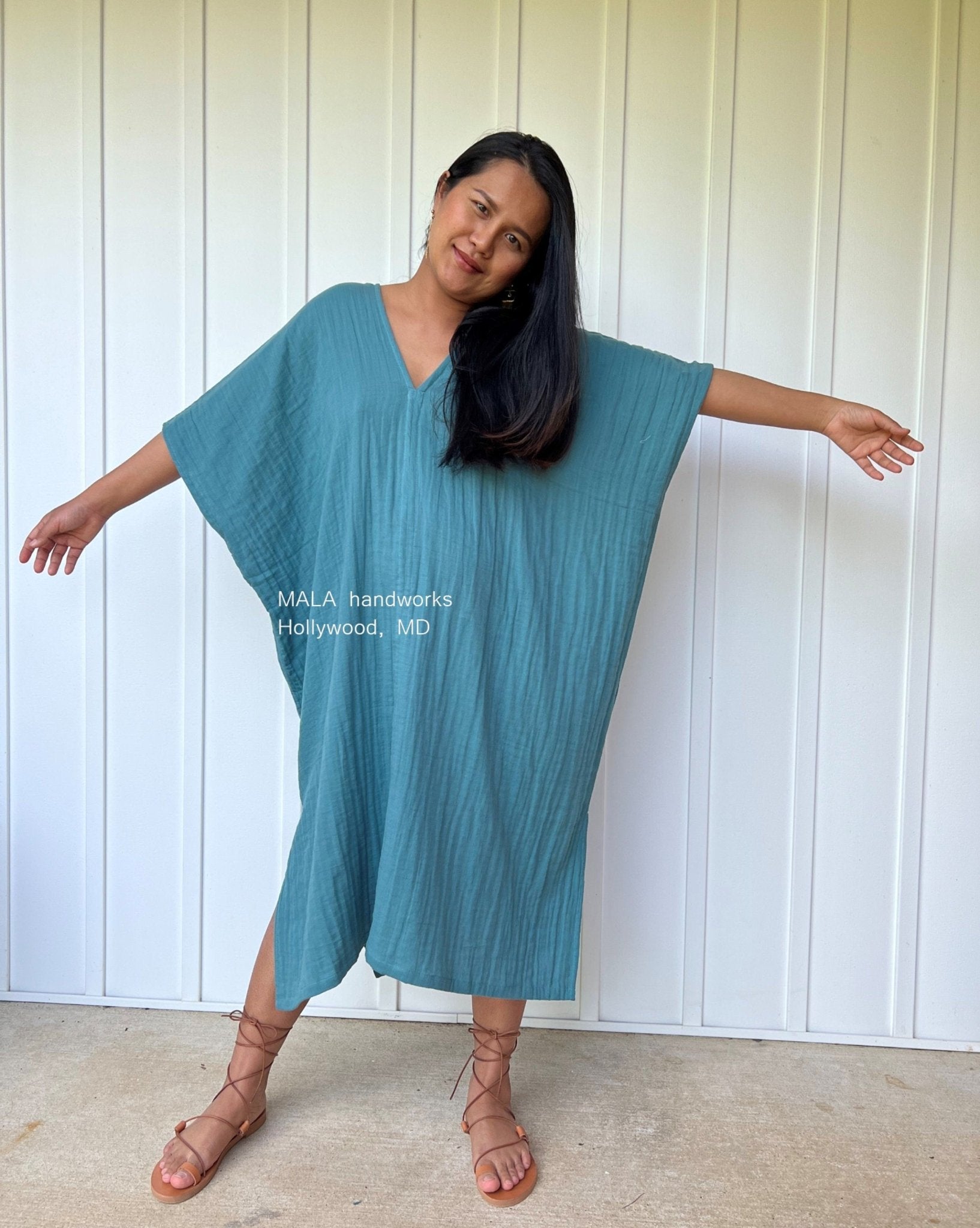 MALA handworks  Skye Double Gauze Cotton Midi Kaftan in Teal