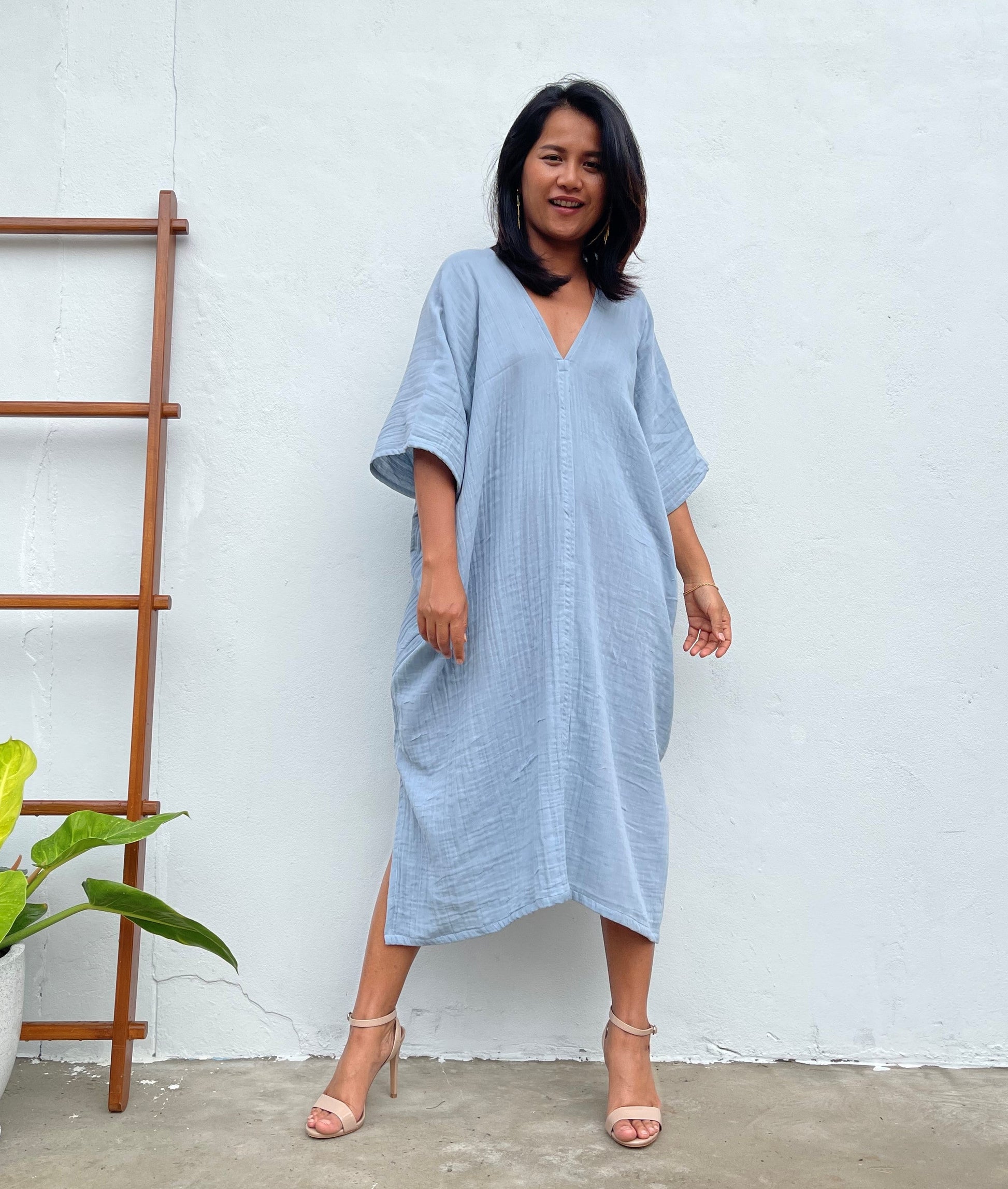 MALA handworks Skye Double Gauze Cotton Midi Kaftan in Willow Blue