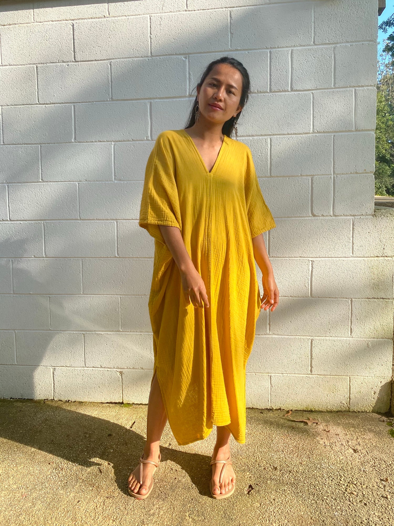 MALA handworks Skye Double Gauze Cotton Midi Kaftan in Yellow Turmeric