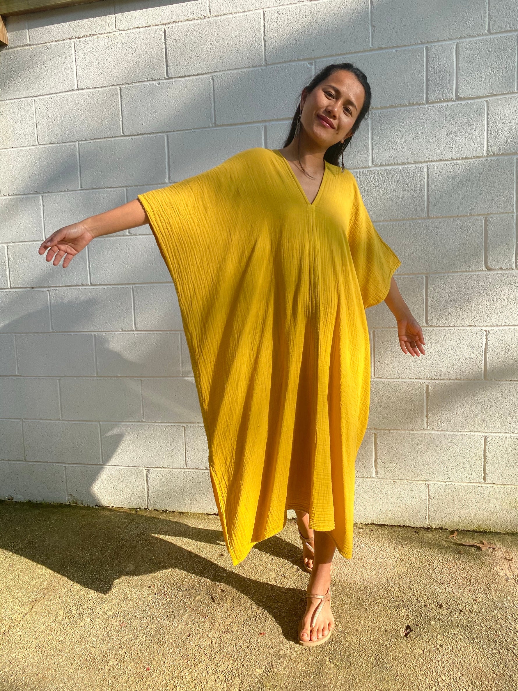 MALA handworks Skye Double Gauze Cotton Midi Kaftan in Yellow Turmeric