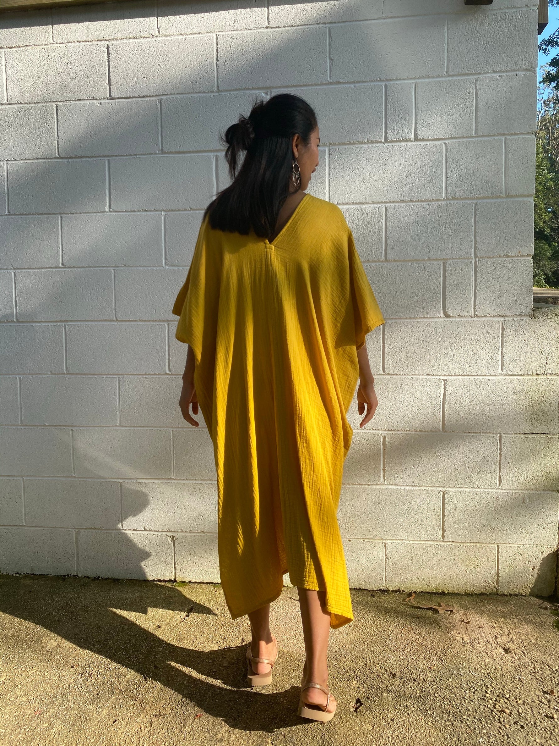 MALA handworks Skye Double Gauze Cotton Midi Kaftan in Yellow Turmeric