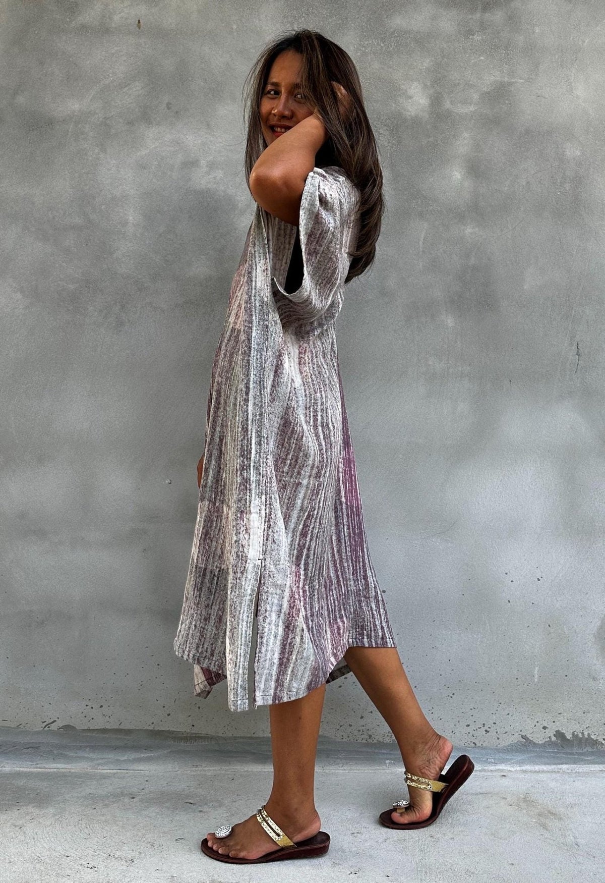 Skye Hand-Painted Cotton Kaftan in Mauve & Gray-DS-20-Mala Handworks