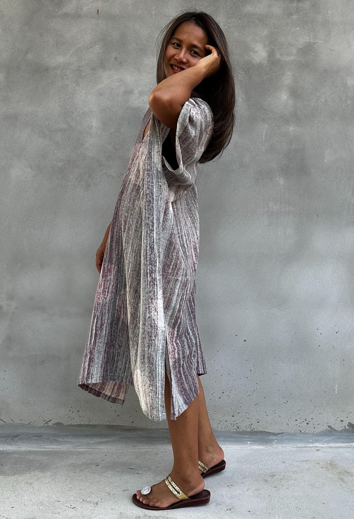 Skye Hand-Painted Cotton Kaftan in Mauve & Gray-DS-20-Mala Handworks