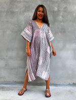Skye Hand-Painted Cotton Kaftan in Mauve & Gray-DS-20-Mala Handworks