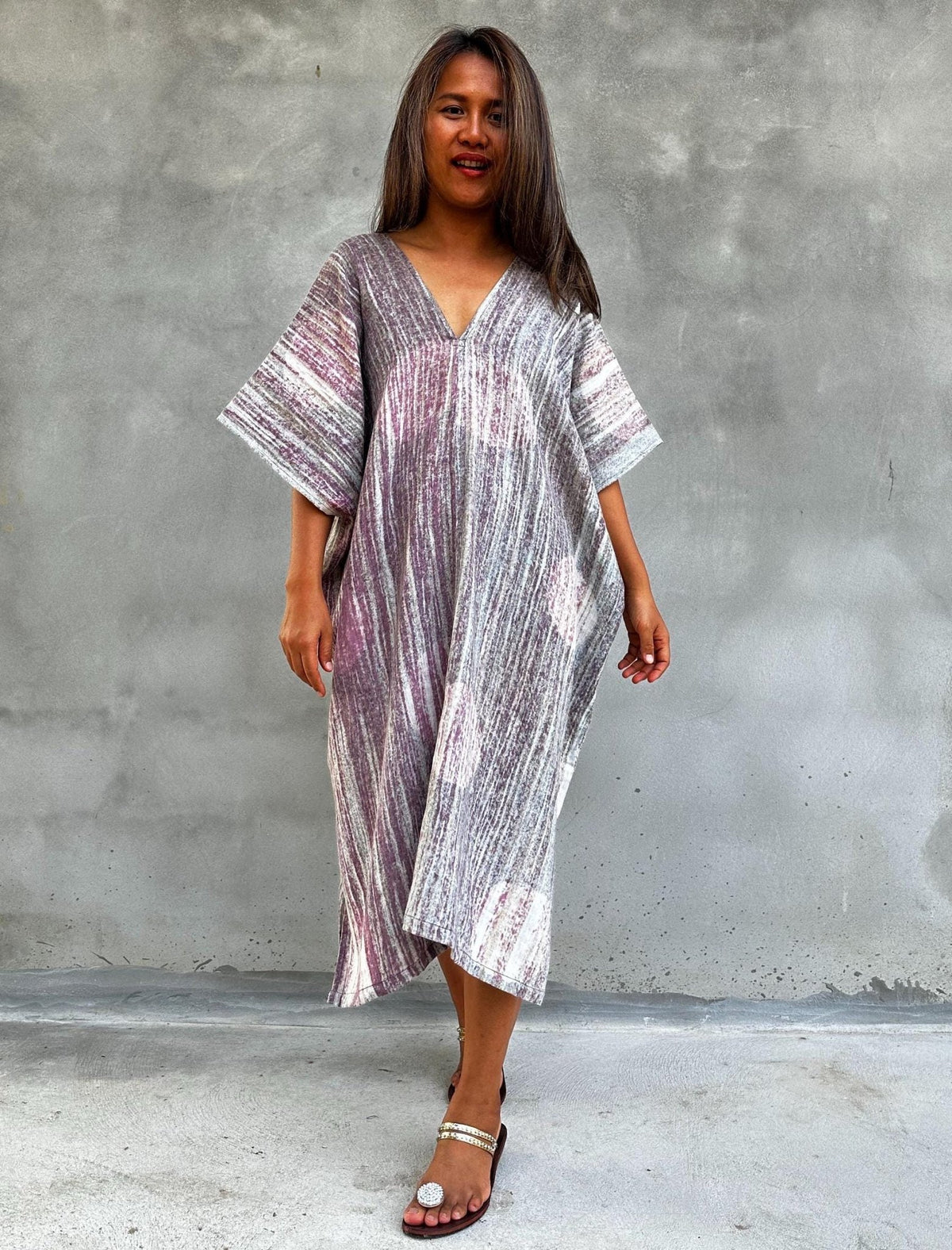 Skye Hand-Painted Cotton Kaftan in Mauve & Gray-DS-20-Mala Handworks