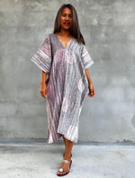 Skye Hand-Painted Cotton Kaftan in Mauve & Gray-DS-20-Mala Handworks