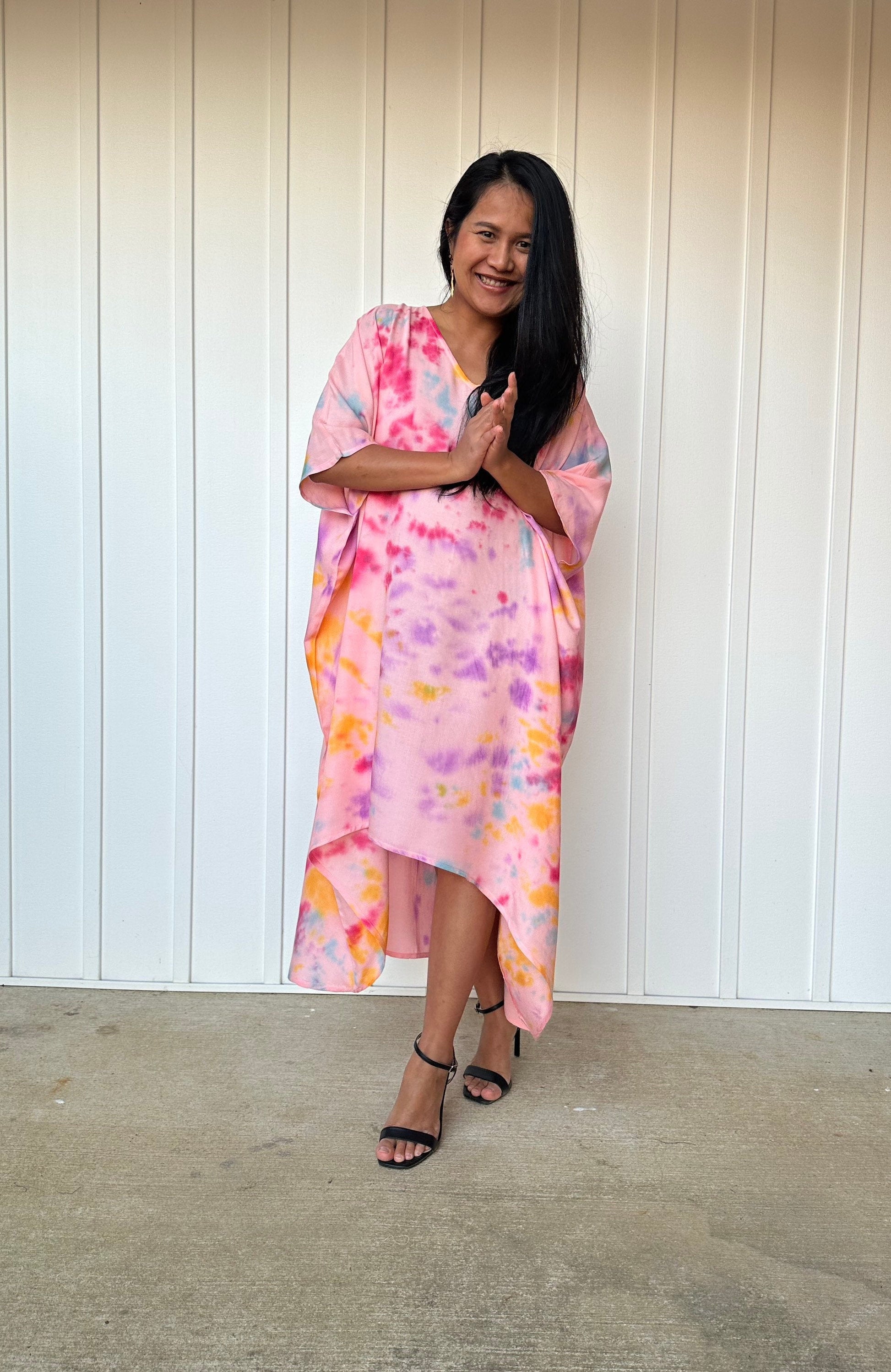 MALA handworks  Stella High Low Kaftan in Pink and Rainbow Tie Dye