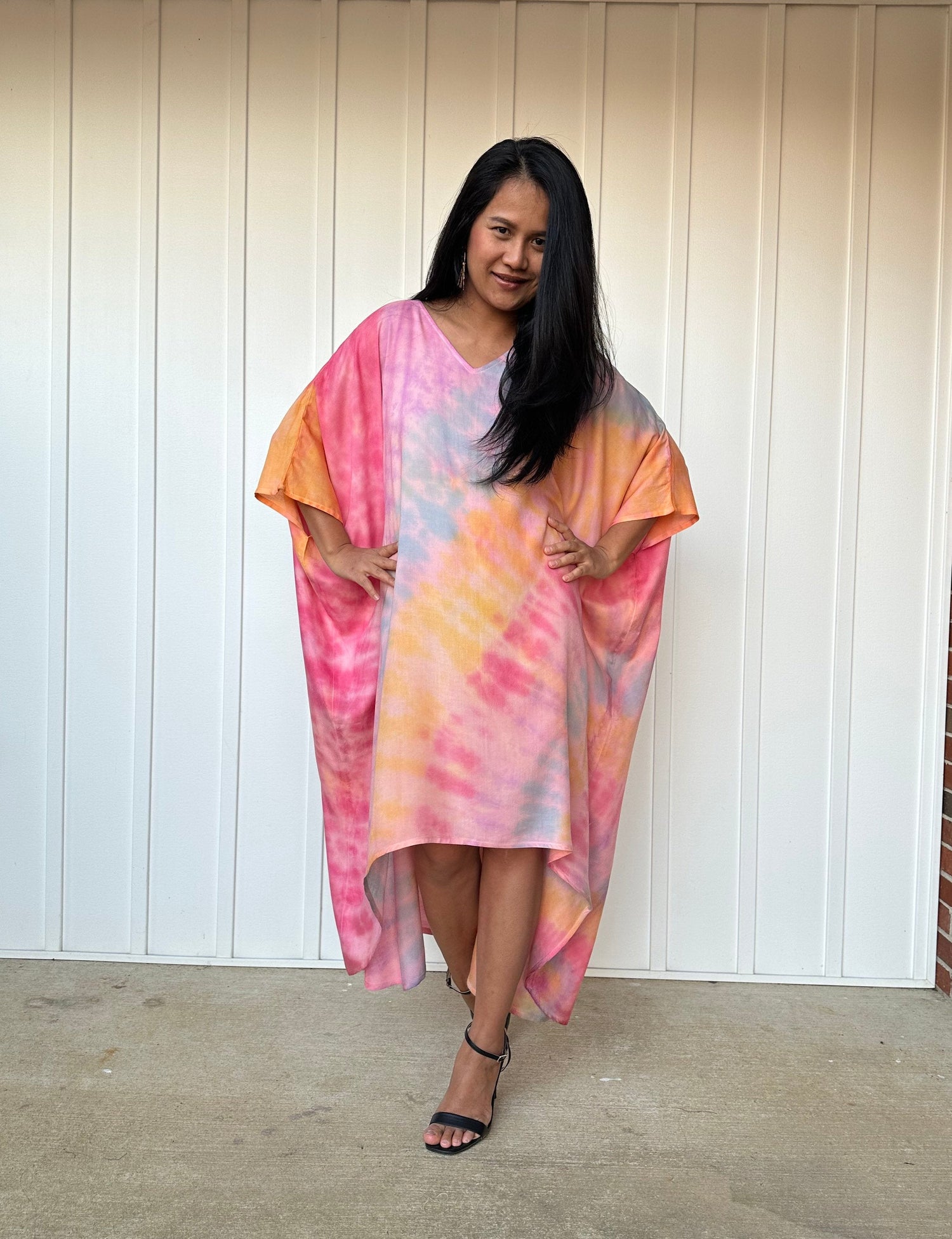 MALA handworks  Stella High Low Kaftan in Pink and Rainbow Tie Dye