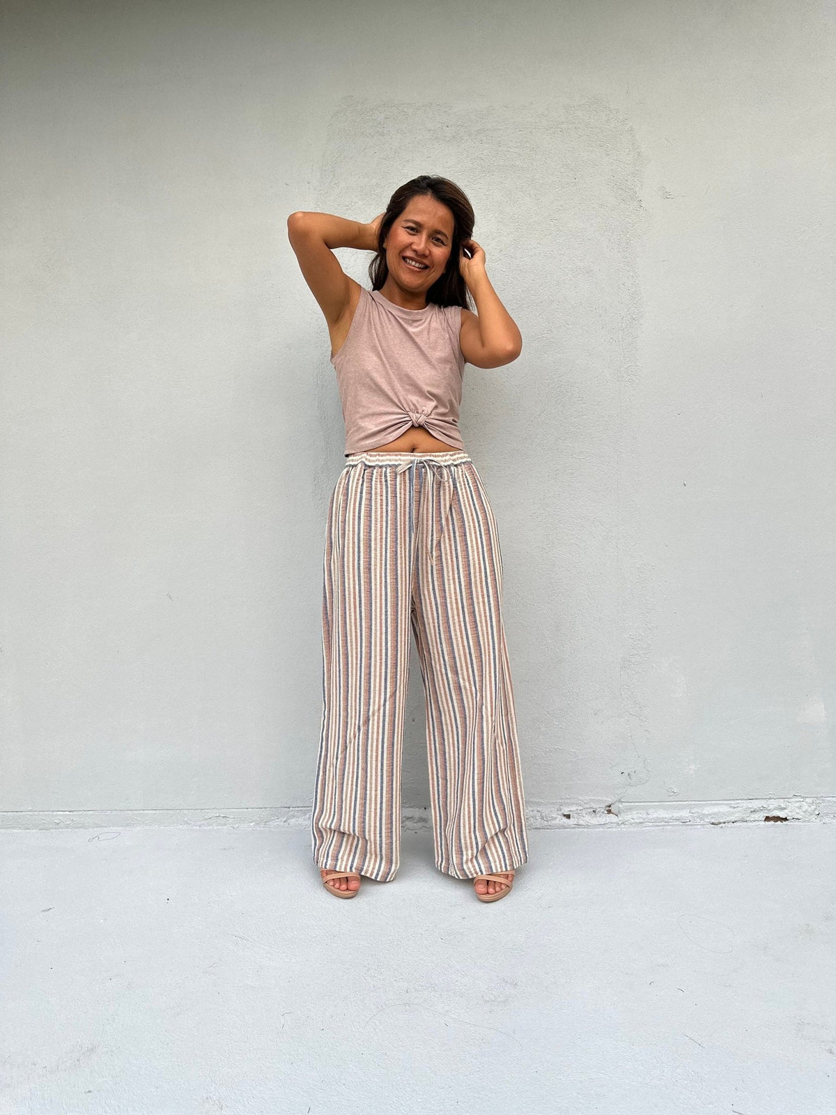 Tala Wide Leg Cotton Pants in Beige Stripes-VC-26-40-Mala Handworks