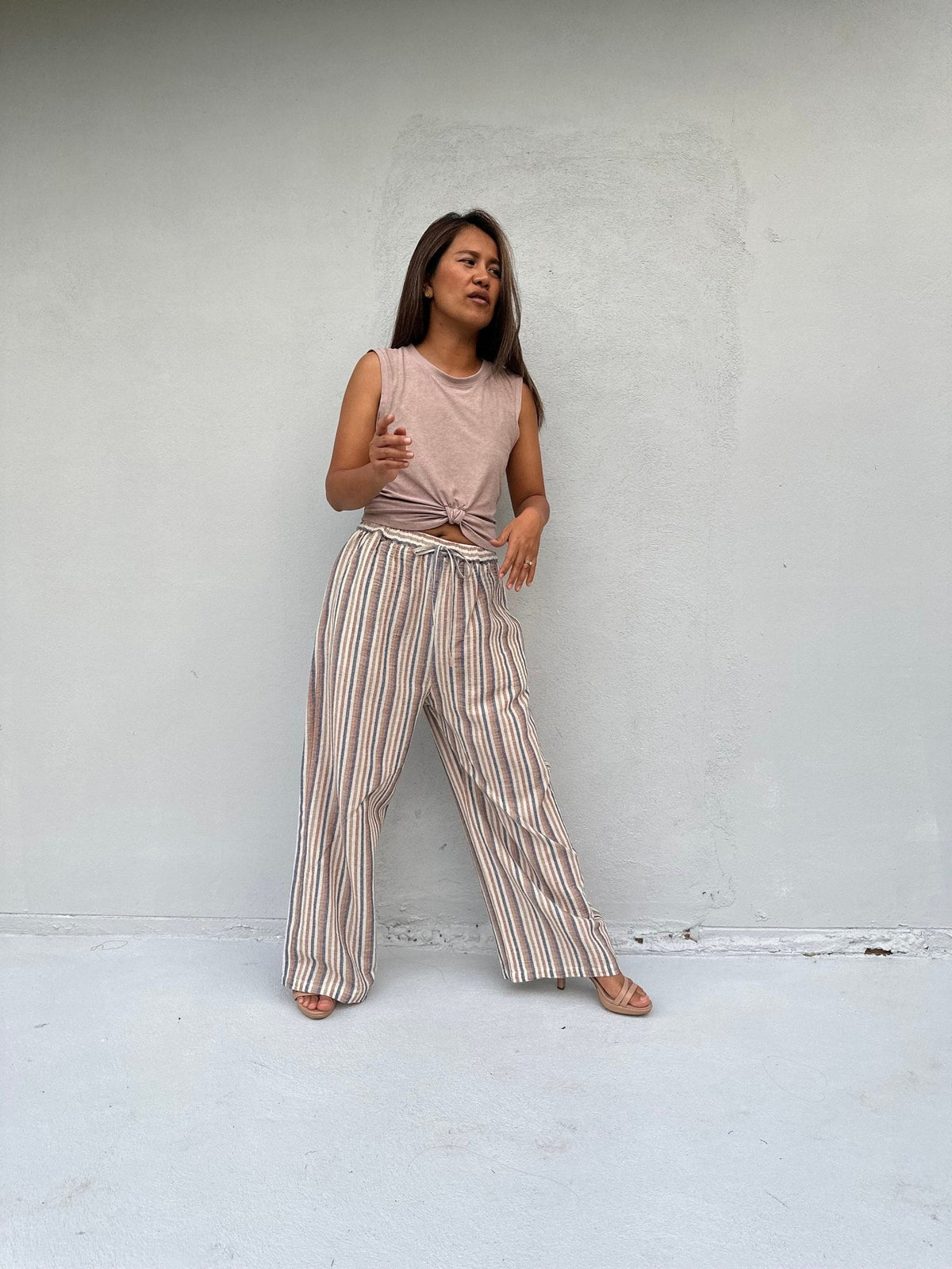 Tala Wide Leg Cotton Pants in Beige Stripes-VC-26-40-Mala Handworks