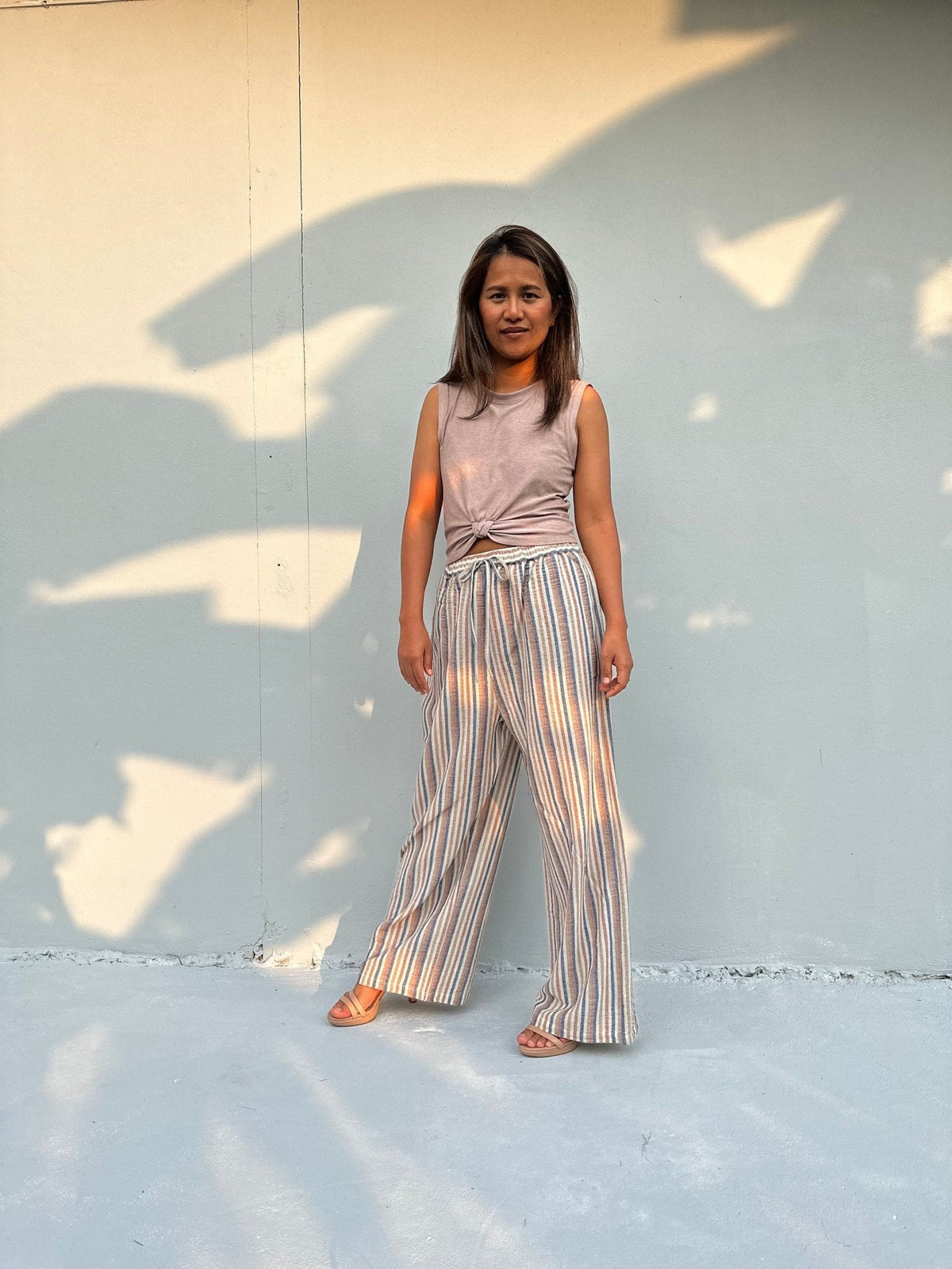 Tala Wide Leg Cotton Pants in Beige Stripes-VC-26-40-Mala Handworks