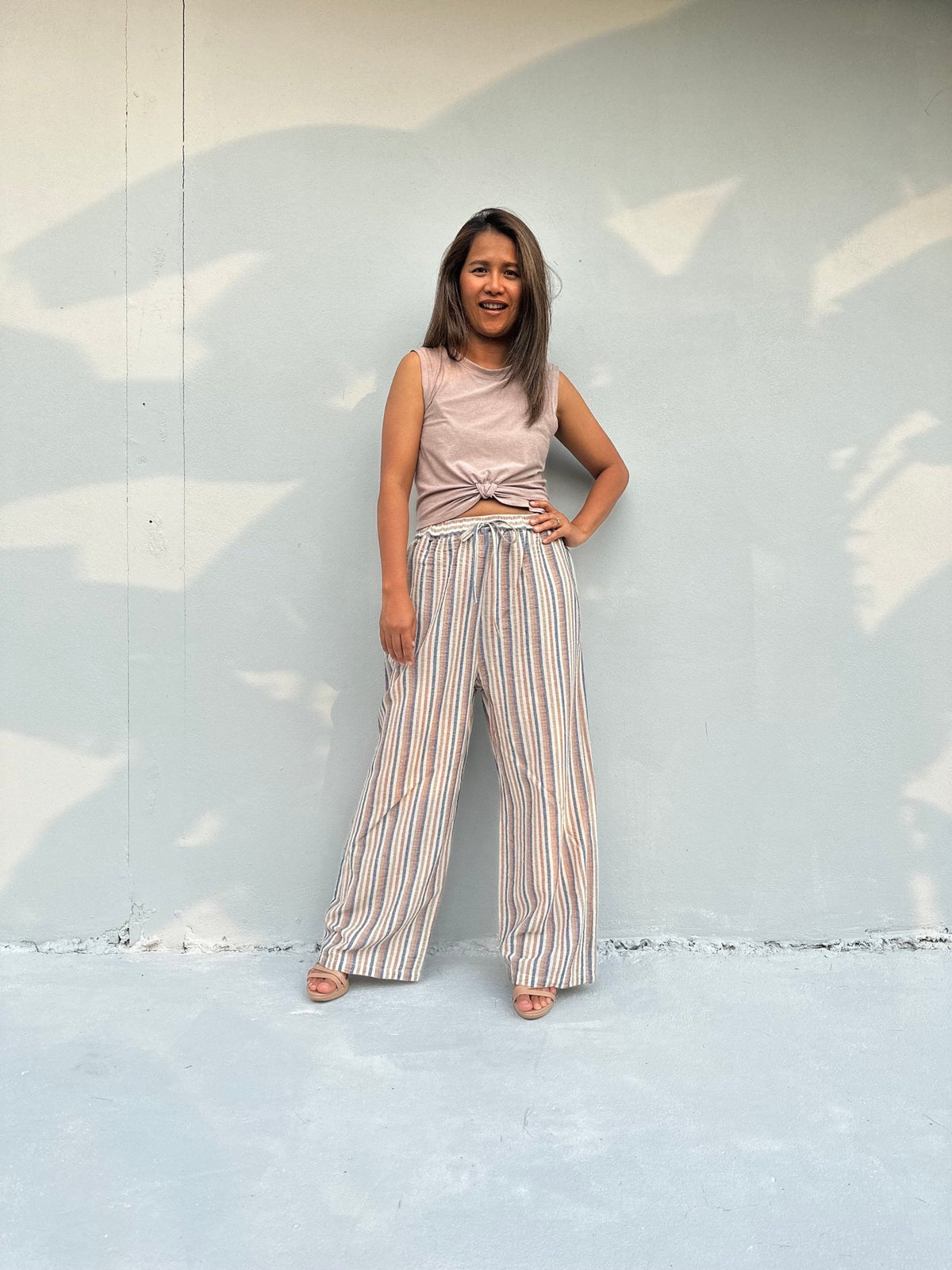 Tala Wide Leg Cotton Pants in Beige Stripes-VC-26-40-Mala Handworks