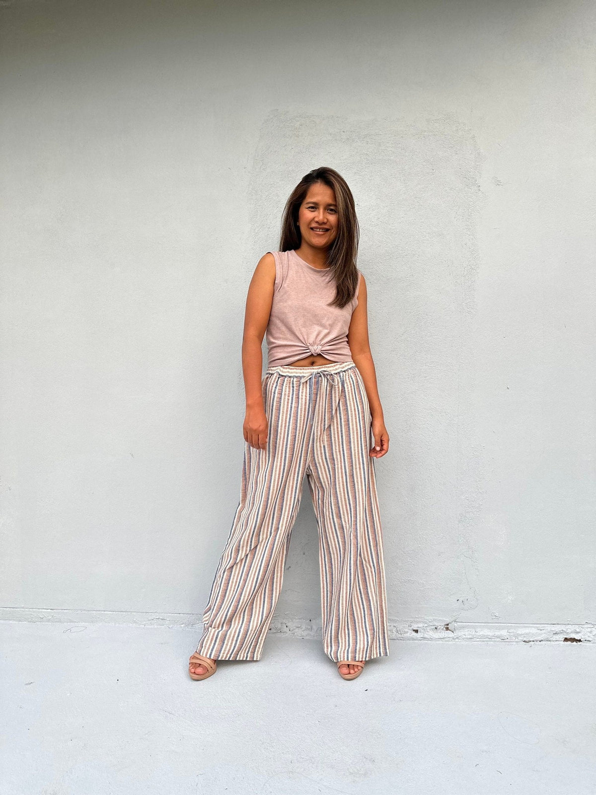 Tala Wide Leg Cotton Pants in Beige Stripes-VC-26-40-Mala Handworks