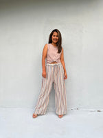 Tala Wide Leg Cotton Pants in Beige Stripes-VC-26-40-Mala Handworks