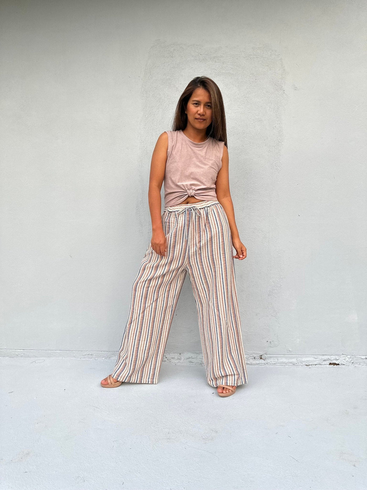 Tala Wide Leg Cotton Pants in Beige Stripes-VC-26-40-Mala Handworks
