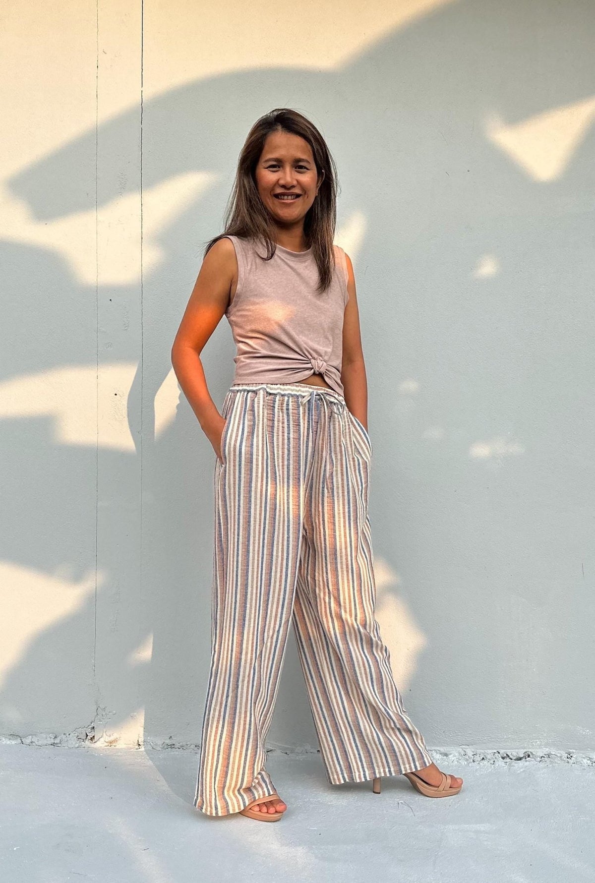 Tala Wide Leg Cotton Pants in Beige Stripes-VC-26-40-Mala Handworks