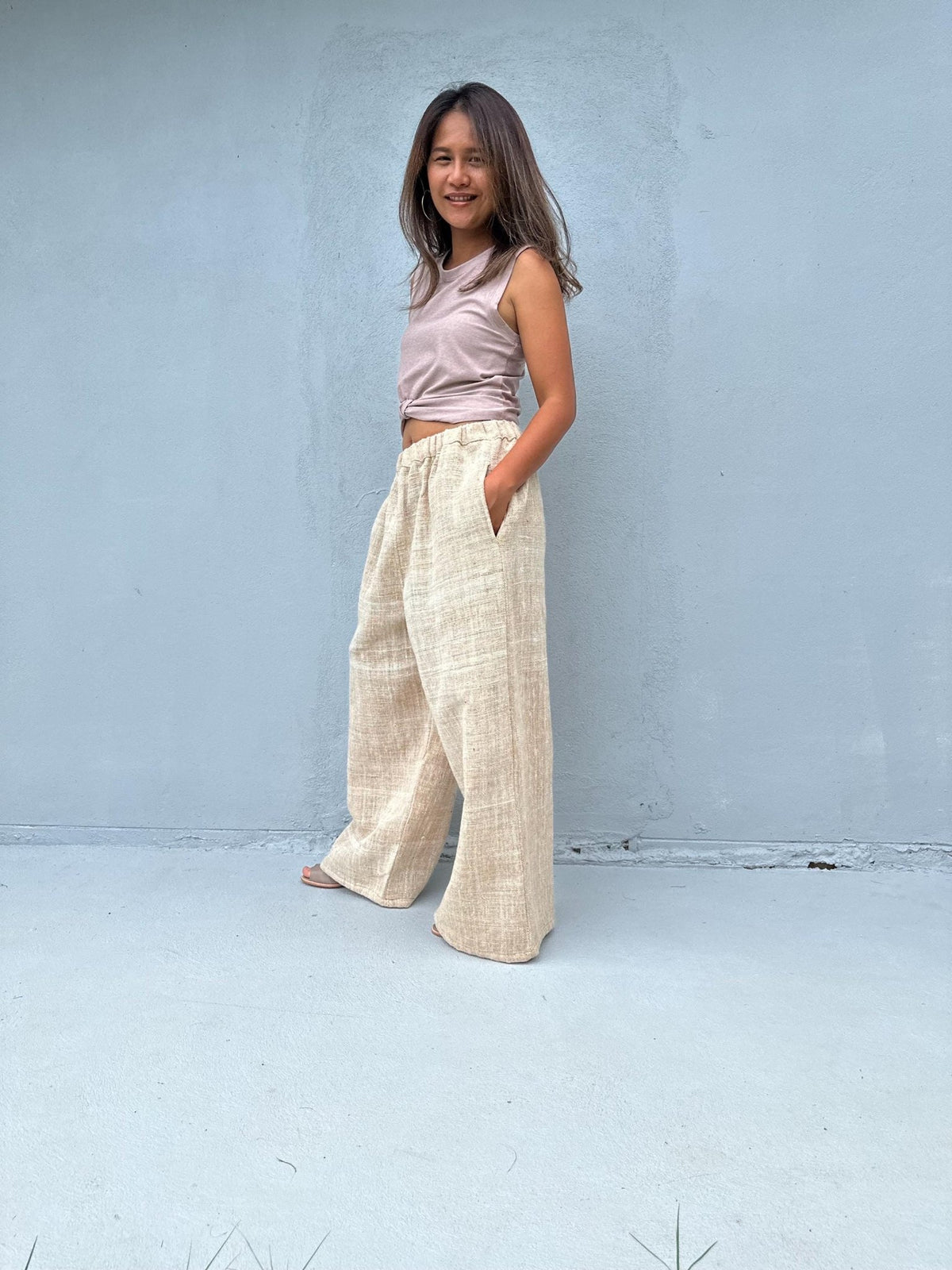 Tala Wide Leg Cotton Pants in Beige-VC-11-40-Mala Handworks