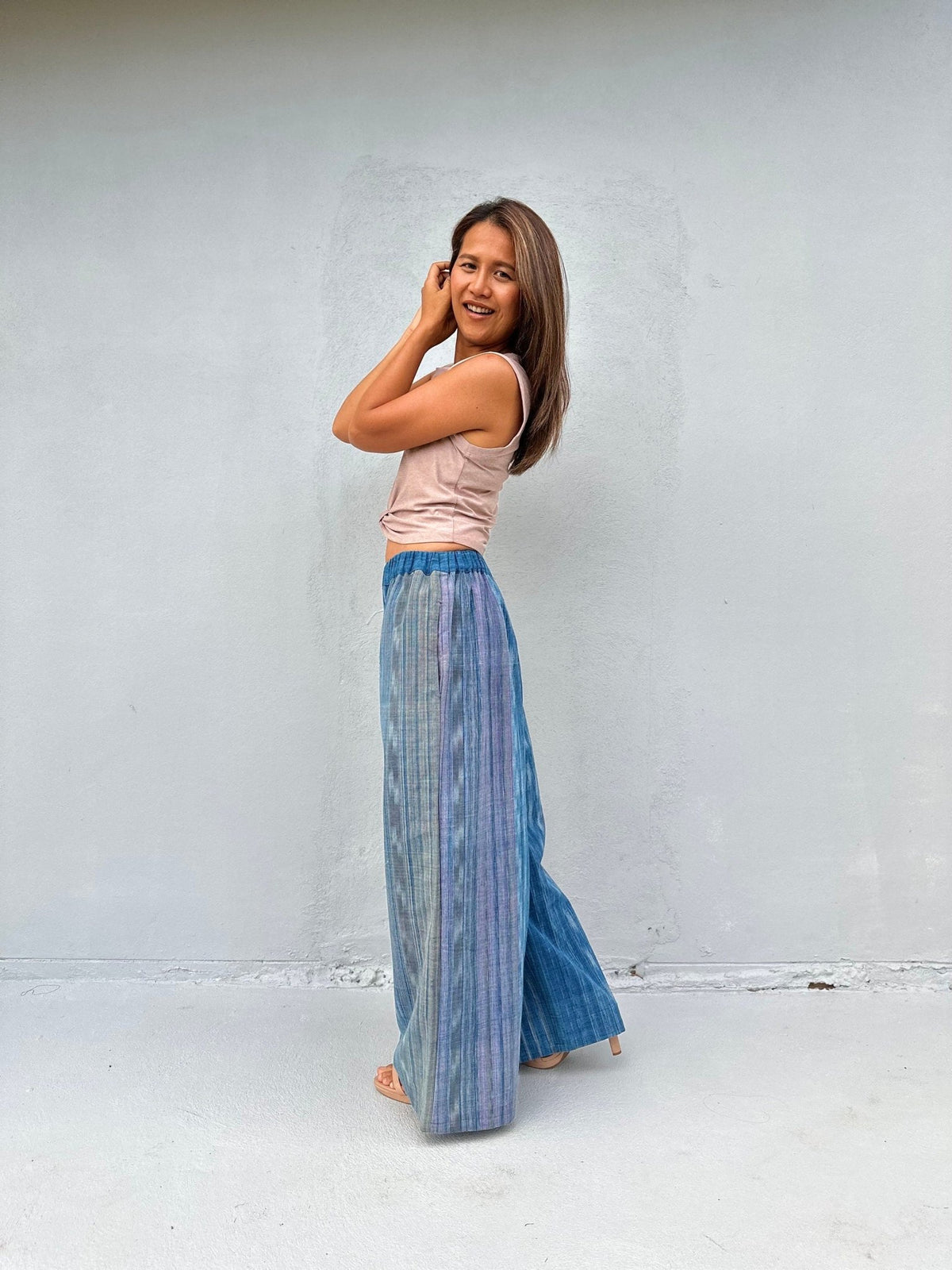 Tala Wide Leg Cotton Pants in Blue and Gray Stripes-VC-25-40-Mala Handworks