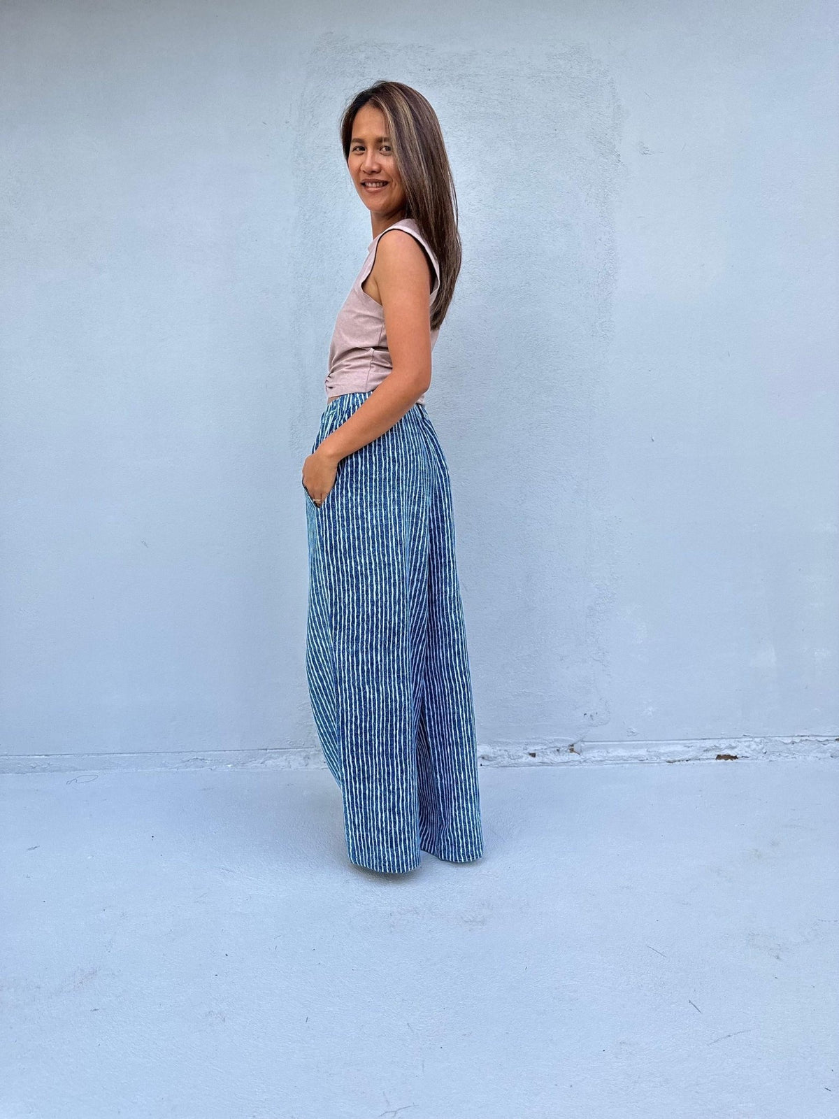 Tala Wide Leg Cotton Pants in Blue and Gray Stripes-VC-25-40-Mala Handworks