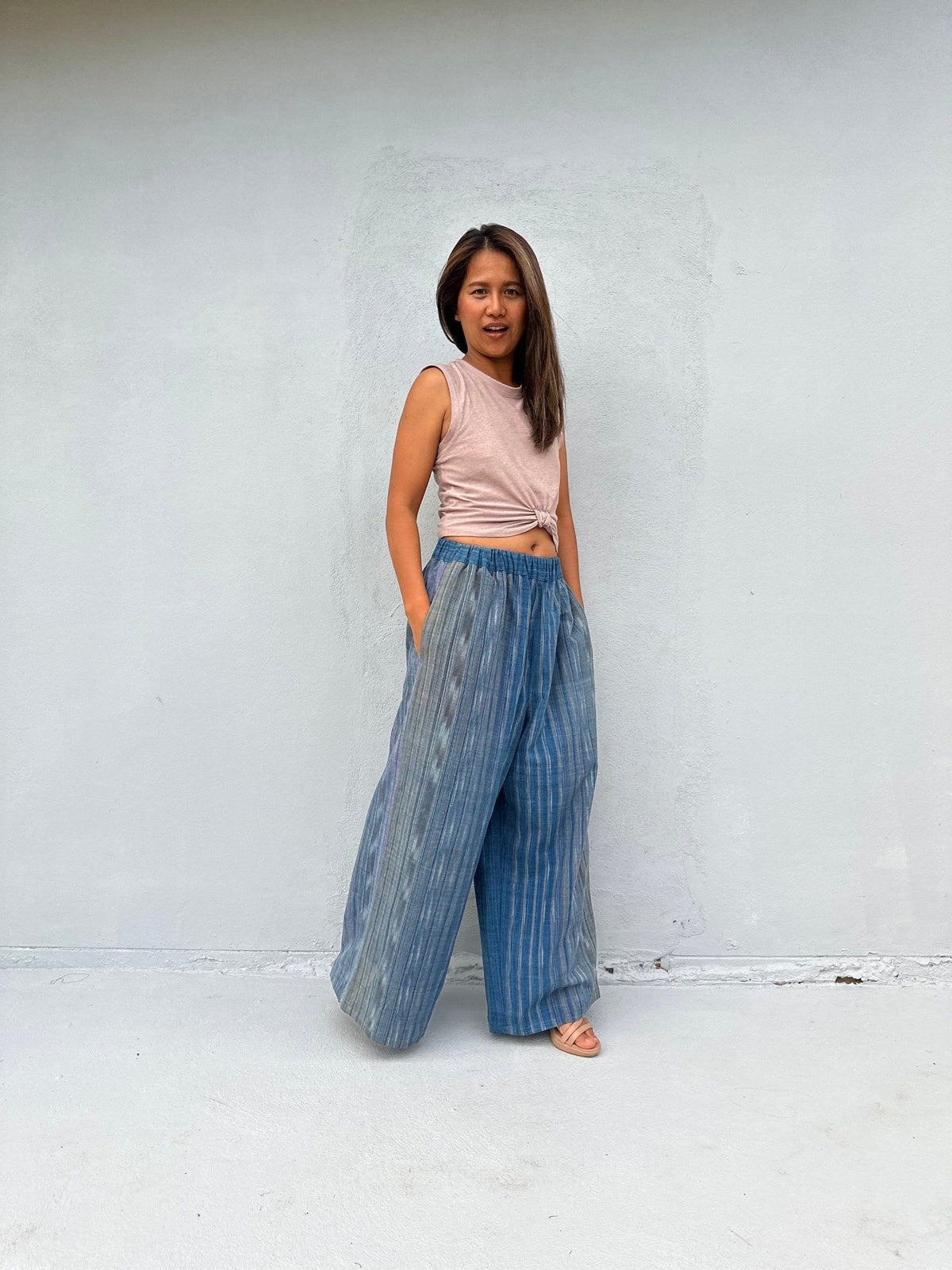 Tala Wide Leg Cotton Pants in Blue and Gray Stripes-VC-25-40-Mala Handworks