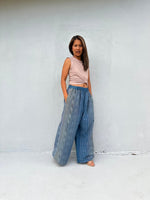 Tala Wide Leg Cotton Pants in Blue and Gray Stripes-VC-25-40-Mala Handworks