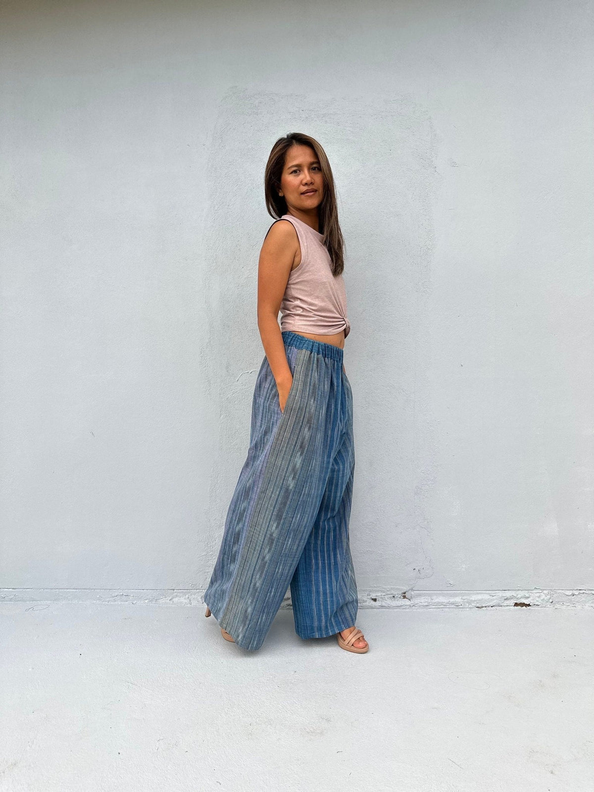 Tala Wide Leg Cotton Pants in Blue and Gray Stripes-VC-25-40-Mala Handworks