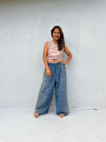 Tala Wide Leg Cotton Pants in Blue and Gray Stripes-VC-25-40-Mala Handworks