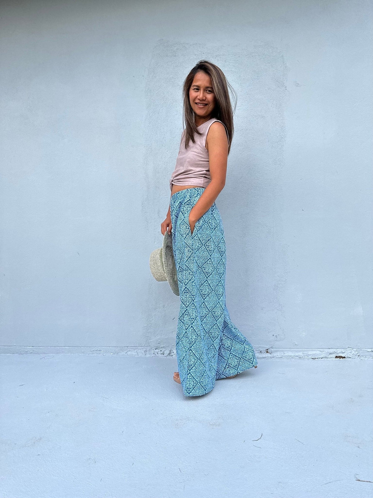 Tala Wide Leg Cotton Pants in Blue Geometric-VC-9-41-Mala Handworks