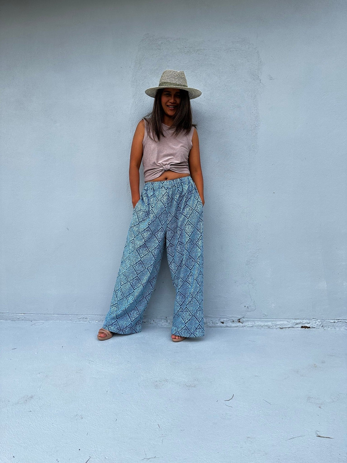 Tala Wide Leg Cotton Pants in Blue Geometric-VC-9-41-Mala Handworks