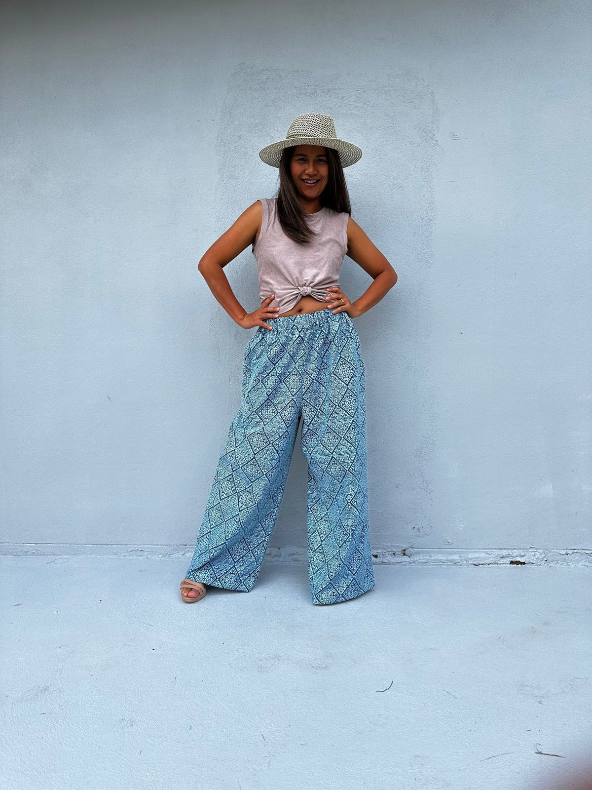 Tala Wide Leg Cotton Pants in Blue Geometric-VC-9-41-Mala Handworks