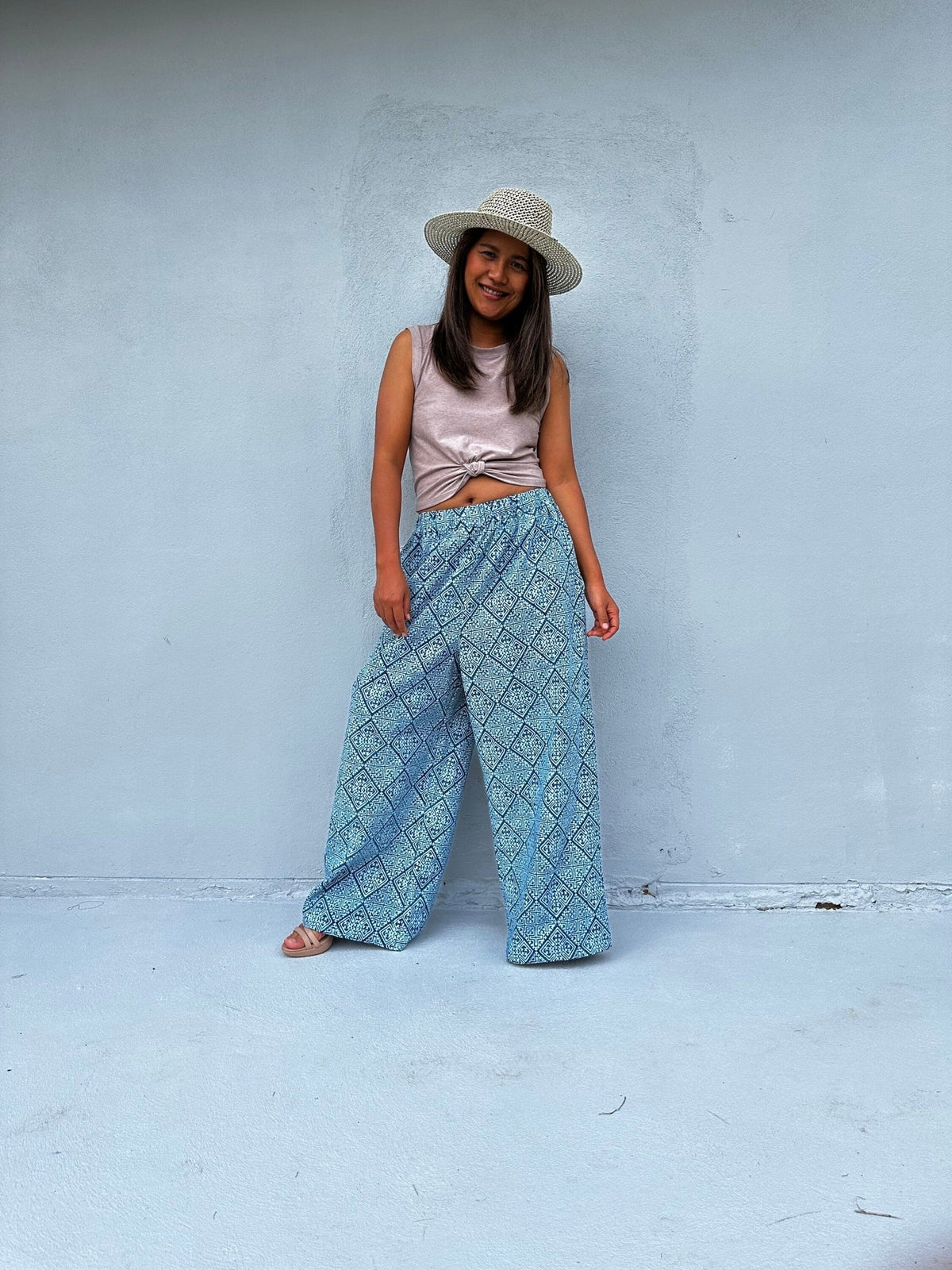 Tala Wide Leg Cotton Pants in Blue Geometric-VC-9-41-Mala Handworks