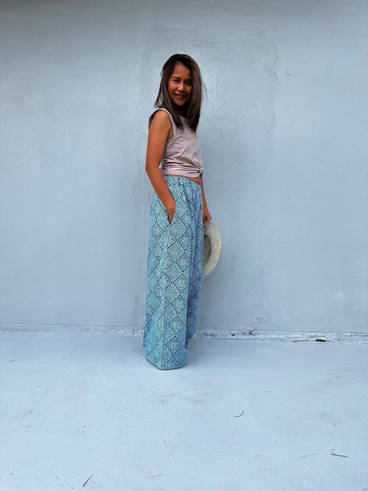 Tala Wide Leg Cotton Pants in Blue Geometric-VC-9-41-Mala Handworks