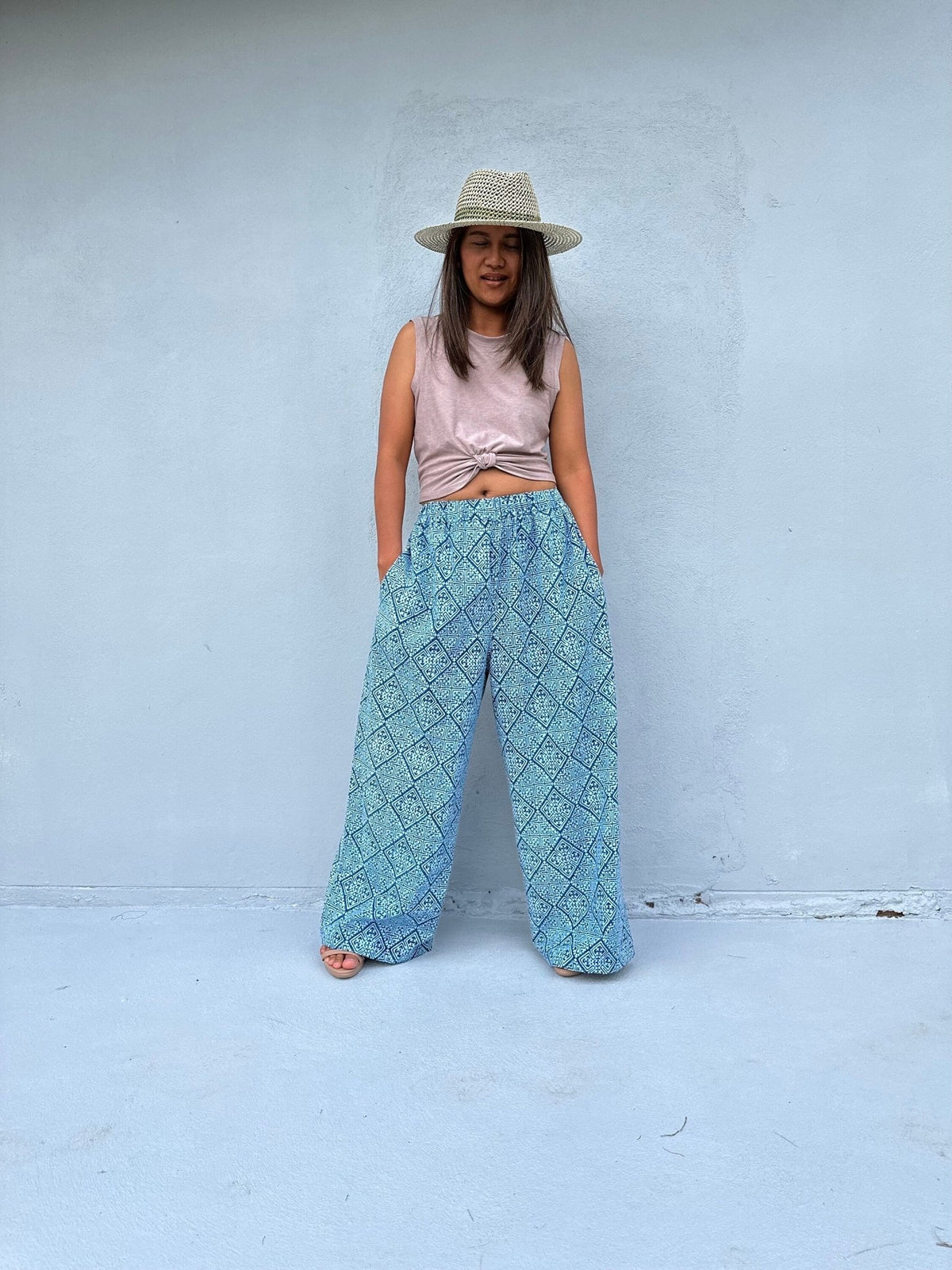 Tala Wide Leg Cotton Pants in Blue Geometric-VC-9-41-Mala Handworks