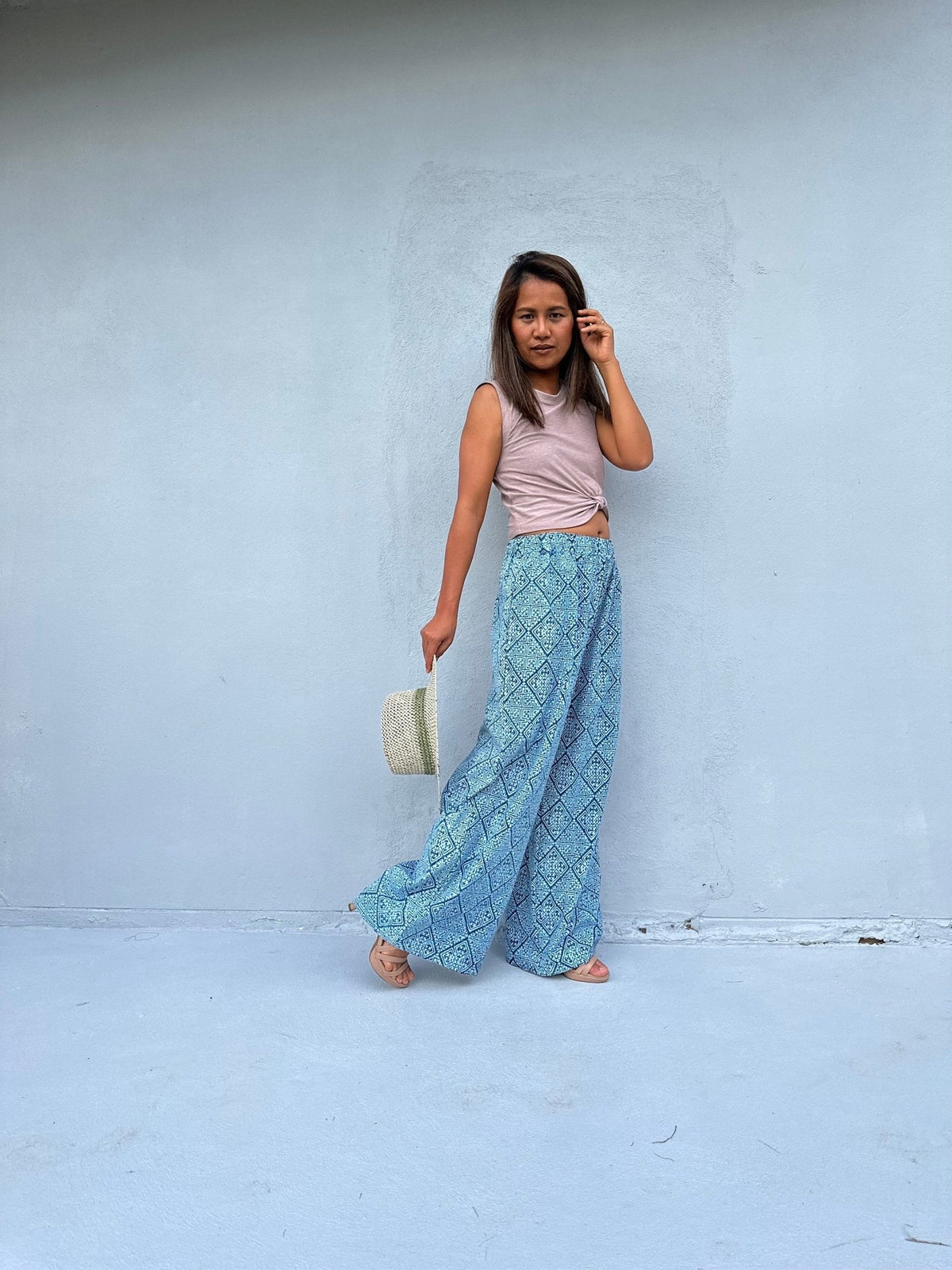 Tala Wide Leg Cotton Pants in Blue Geometric-VC-9-41-Mala Handworks