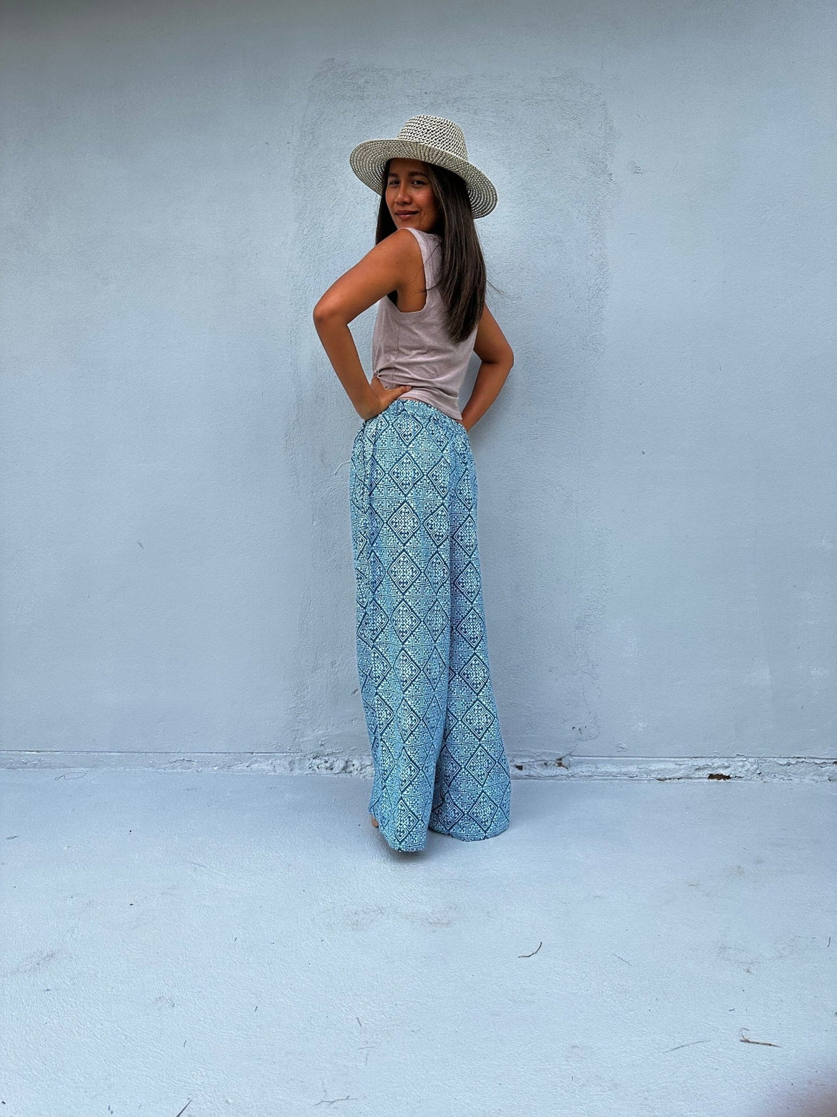 Tala Wide Leg Cotton Pants in Blue Geometric-VC-9-41-Mala Handworks