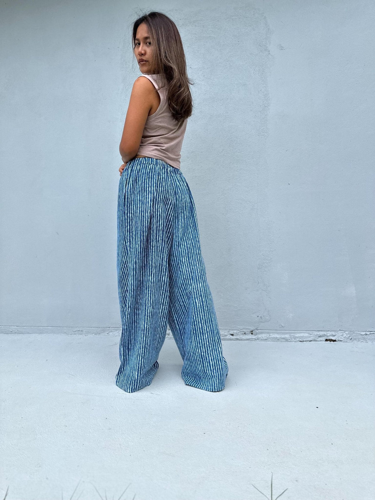 Tala Wide Leg Cotton Pants in Blueberry Blue Stripes-VC-4-41-Mala Handworks