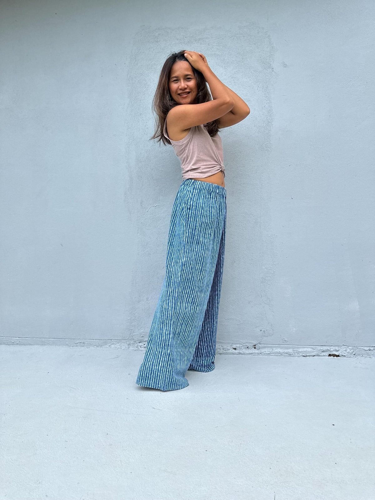 Tala Wide Leg Cotton Pants in Blueberry Blue Stripes-VC-4-41-Mala Handworks