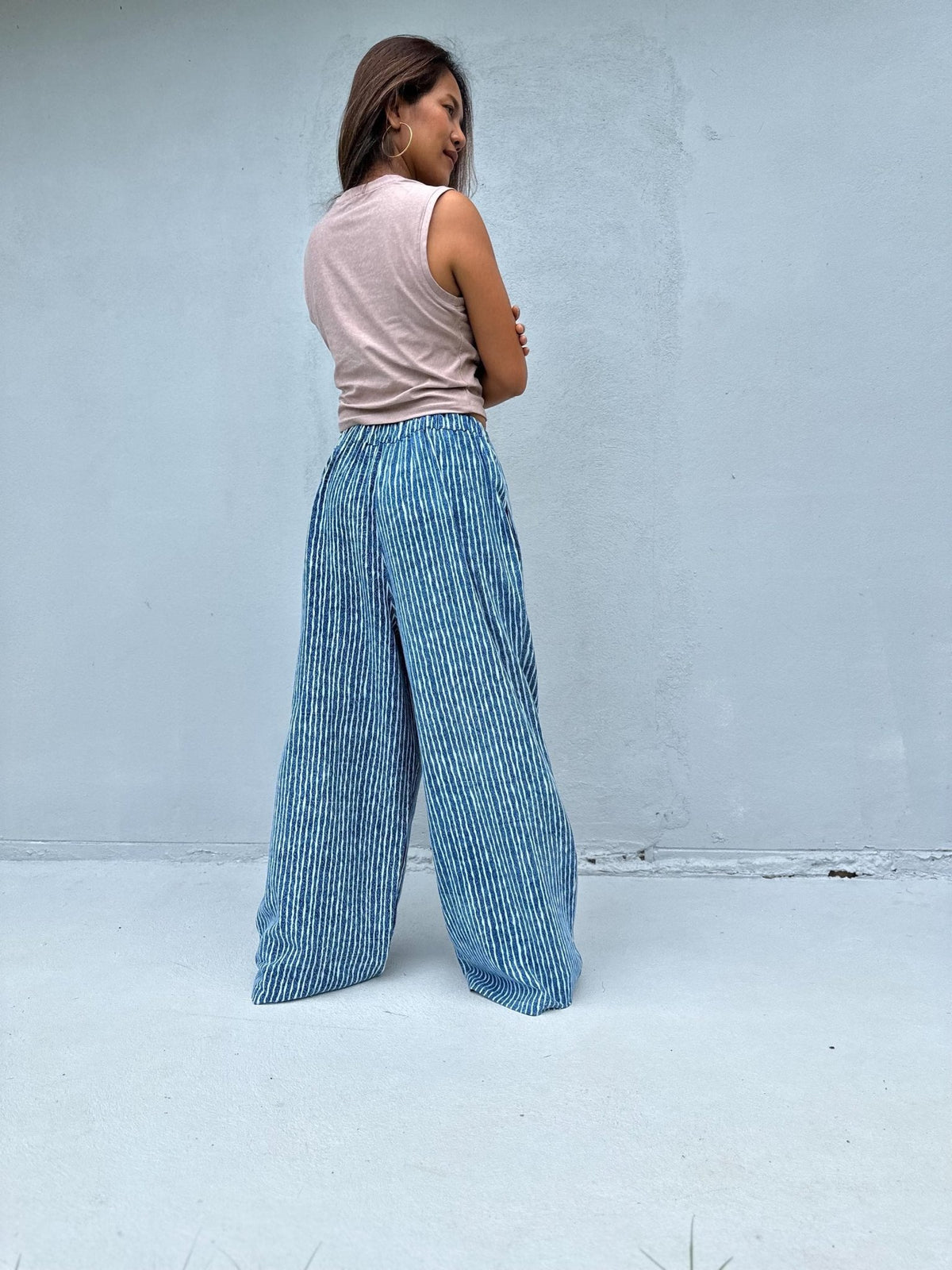 Tala Wide Leg Cotton Pants in Blueberry Blue Stripes-VC-4-41-Mala Handworks