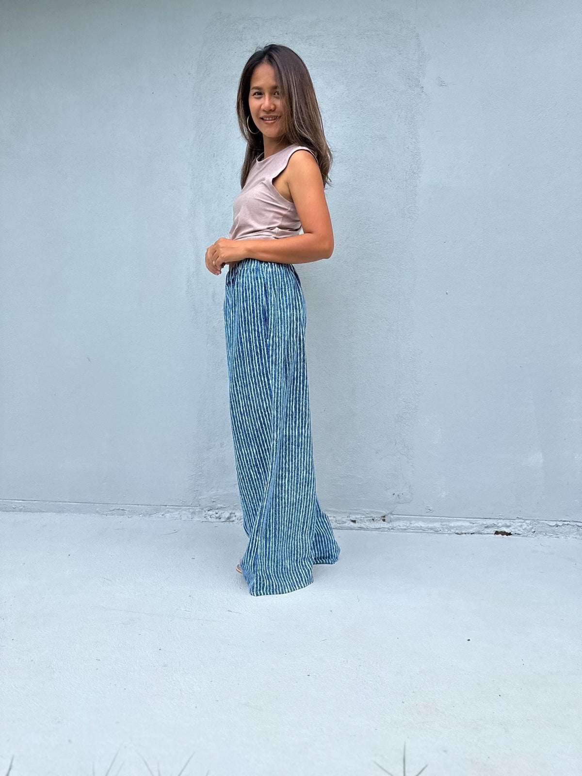 Tala Wide Leg Cotton Pants in Blueberry Blue Stripes-VC-4-41-Mala Handworks