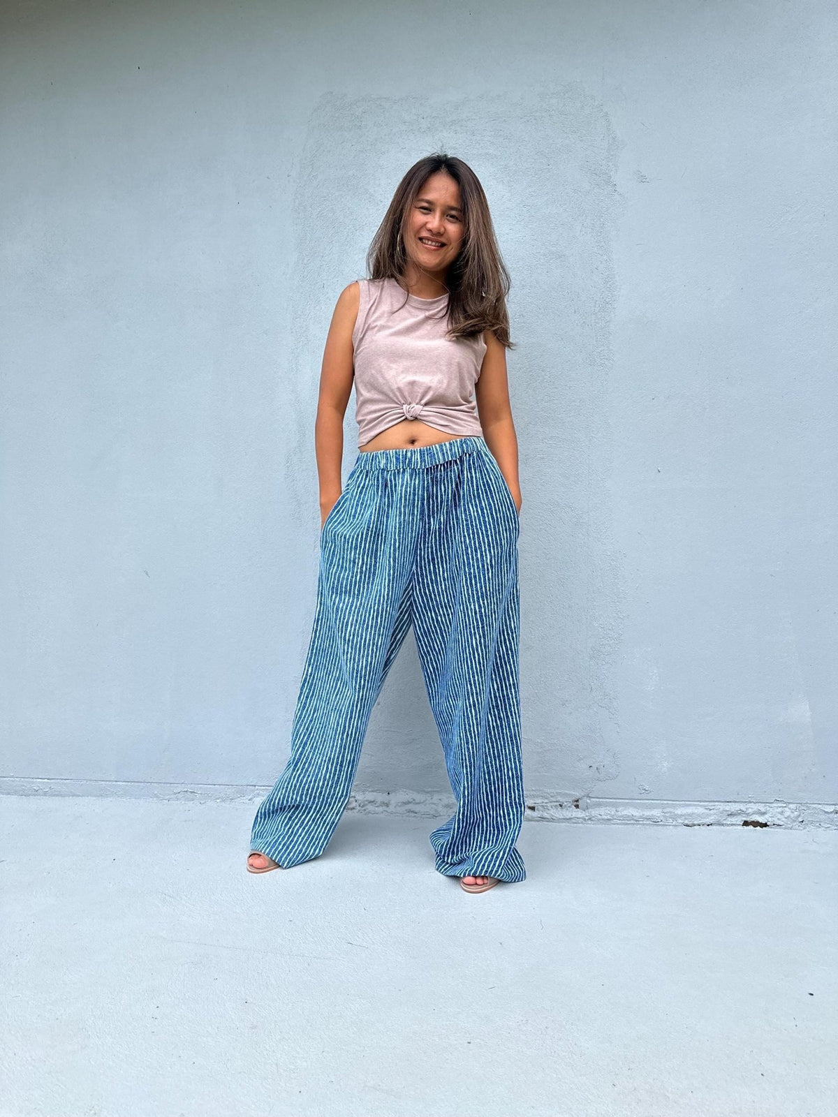 Tala Wide Leg Cotton Pants in Blueberry Blue Stripes-VC-4-41-Mala Handworks