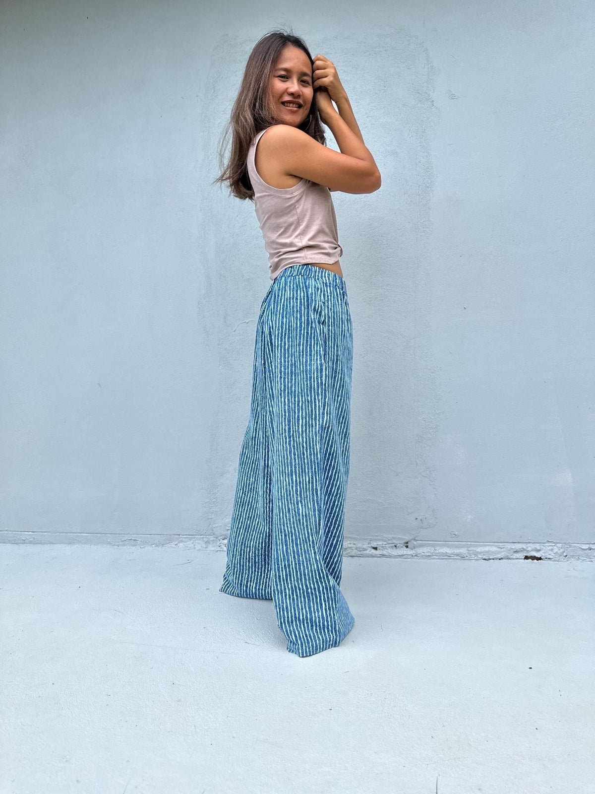 Tala Wide Leg Cotton Pants in Blueberry Blue Stripes-VC-4-41-Mala Handworks