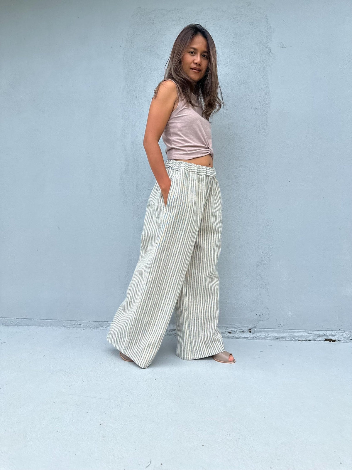 Tala Wide Leg Cotton Pants in Cream and Gray Stripes-VC-19-40-Mala Handworks