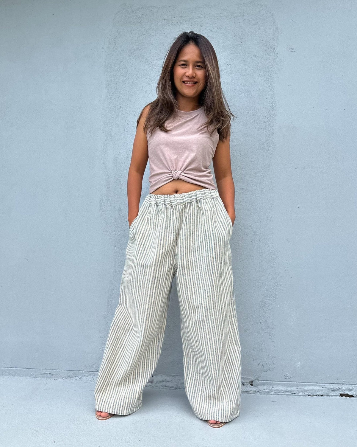Tala Cream and Gray Striped Pants front view