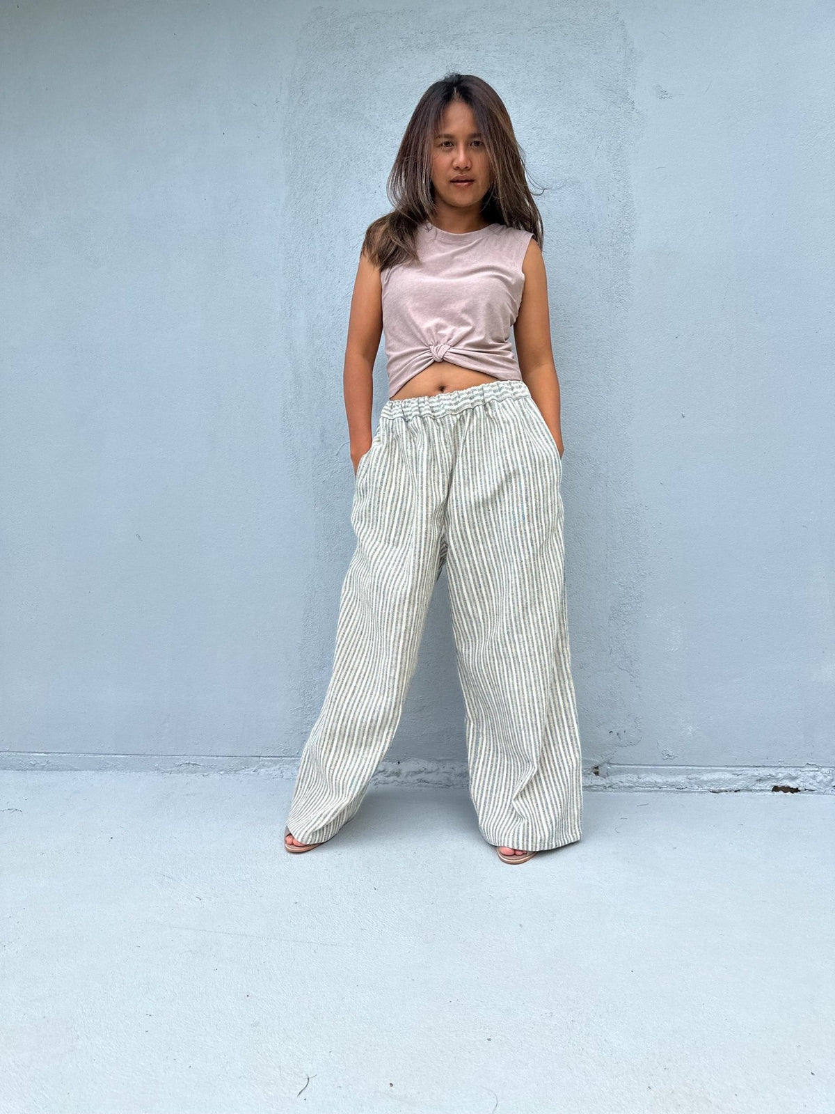 Tala Wide Leg Cotton Pants in Cream and Gray Stripes-VC-19-40-Mala Handworks
